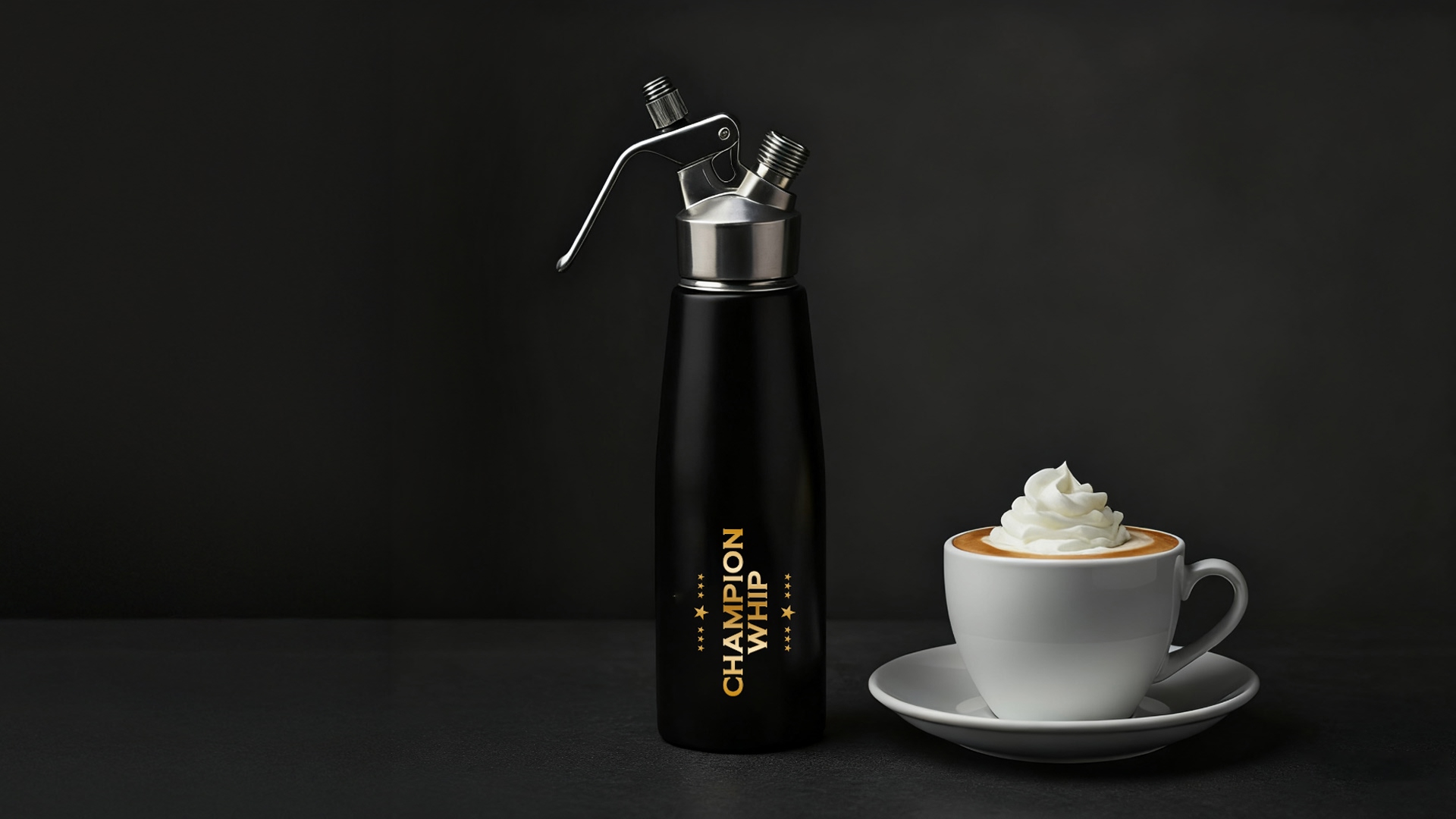 stainless steel whipped cream dispenser wholesale banner with coffee cup – professional café kitchen scene