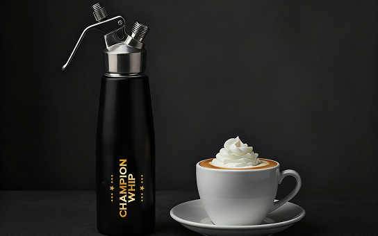 stainless steel whipped cream dispenser with coffee cup – consistent foam texture