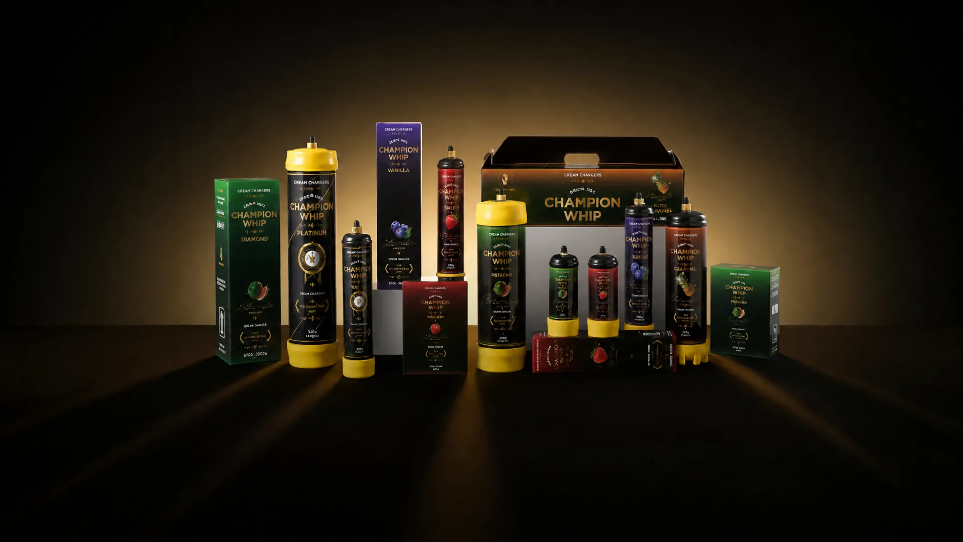 Champion Whip custom cream charger product line — full range of cylinder sizes with private label colorbox packaging