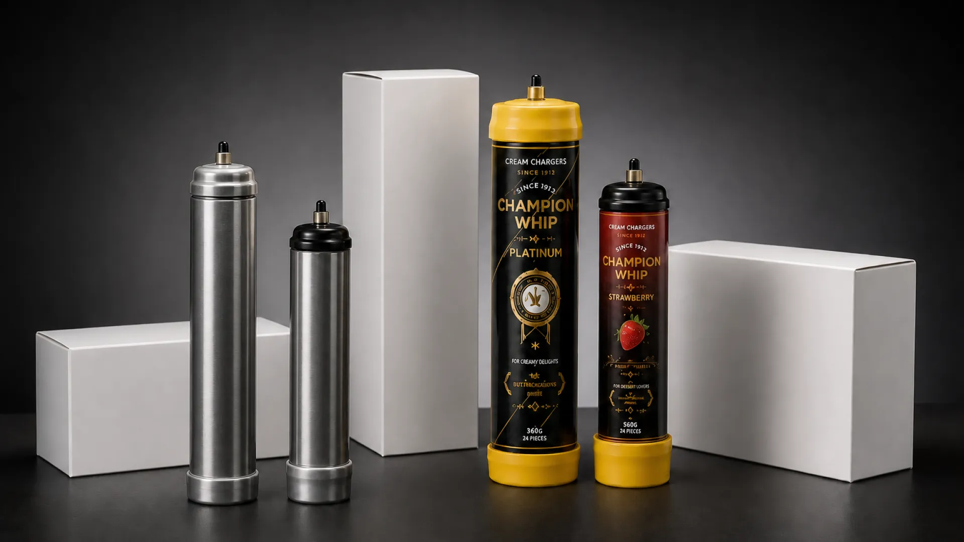 Custom branded N2O cream charger cylinders in platinum and strawberry designs beside plain white retail colorboxes | Champion Whip