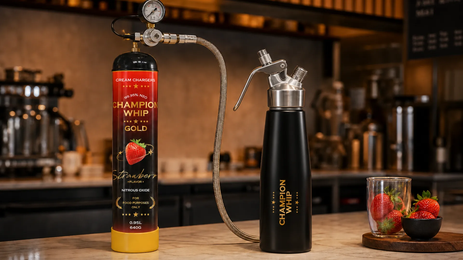 A 640g flavored N2O cylinder connected to a pressure regulator beside a cream dispenser