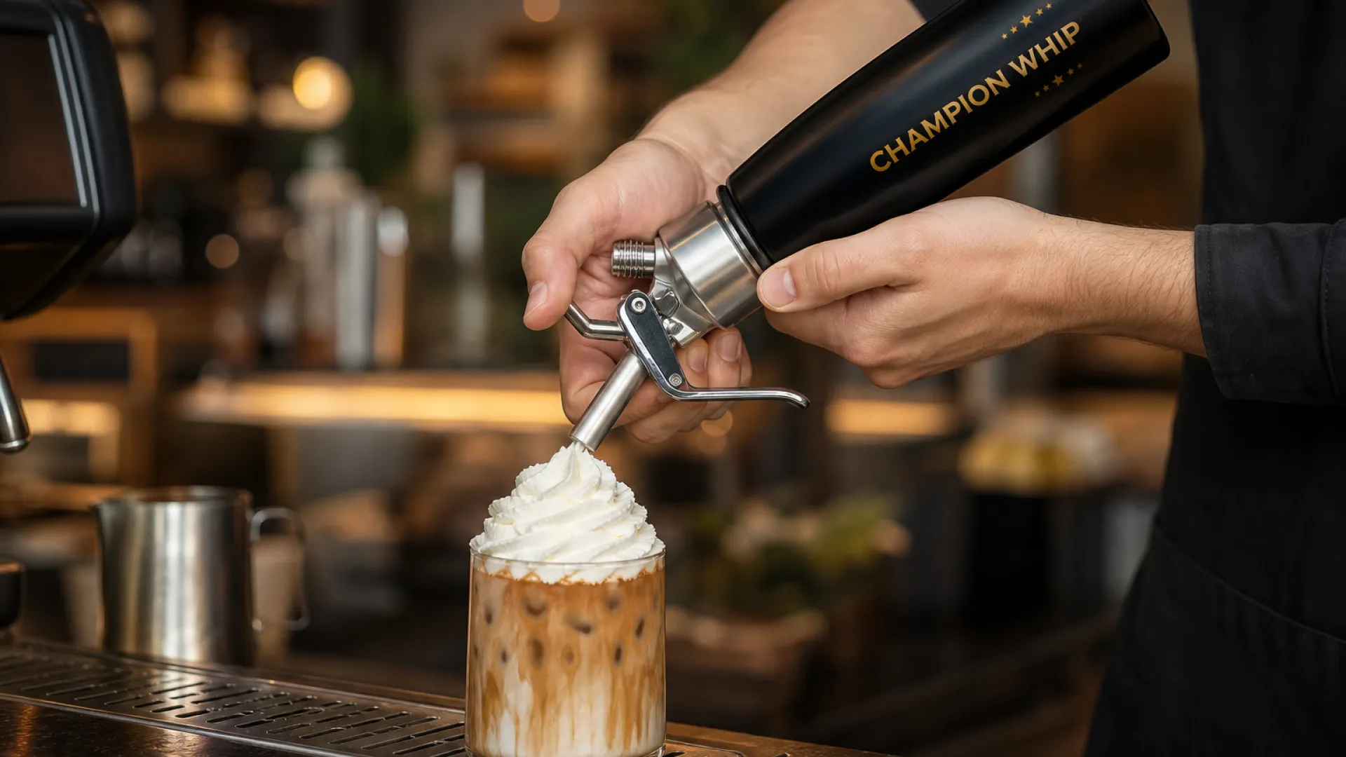 A barista topping an iced coffee with flavored whipped cream from a dispenser