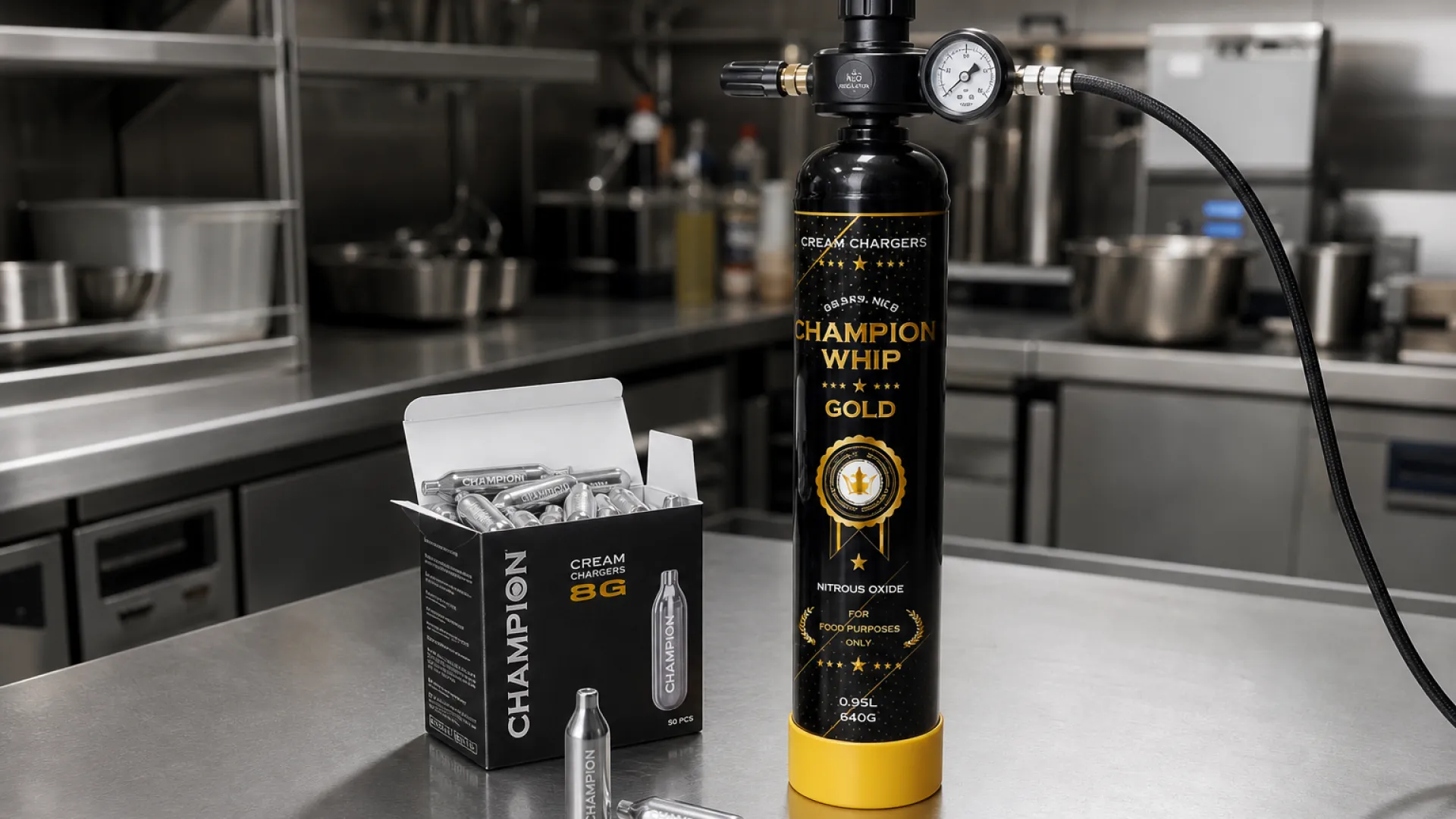 8g cream chargers next to a large N2O cylinder with a pressure regulator on a commercial kitchen counter