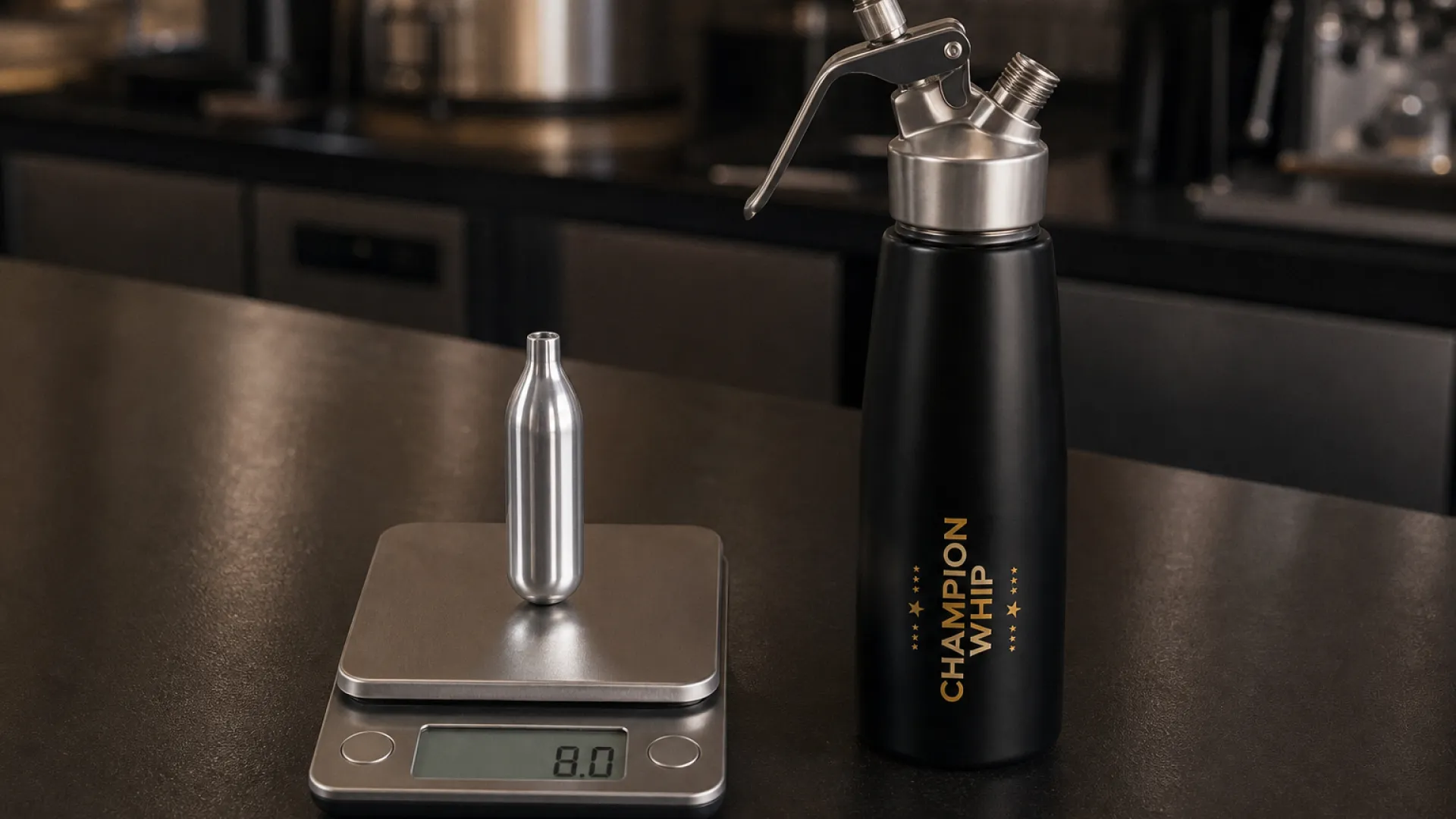 Testing a sample cream charger by checking fill weight on a digital kitchen scale